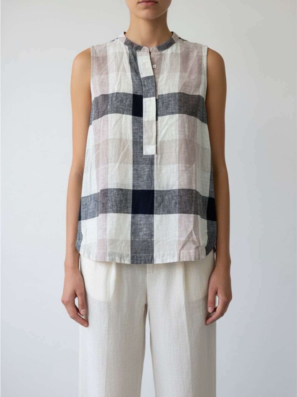 Sleeveless Linen Plaid Button-Front Top in Neutral Check
